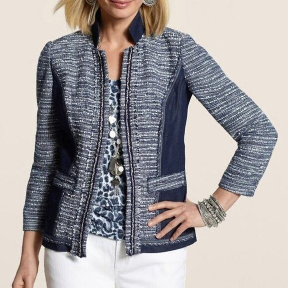 CHICO'S Tweed Beaded Open Front Jacket Denim Panels Sz Large Blue White